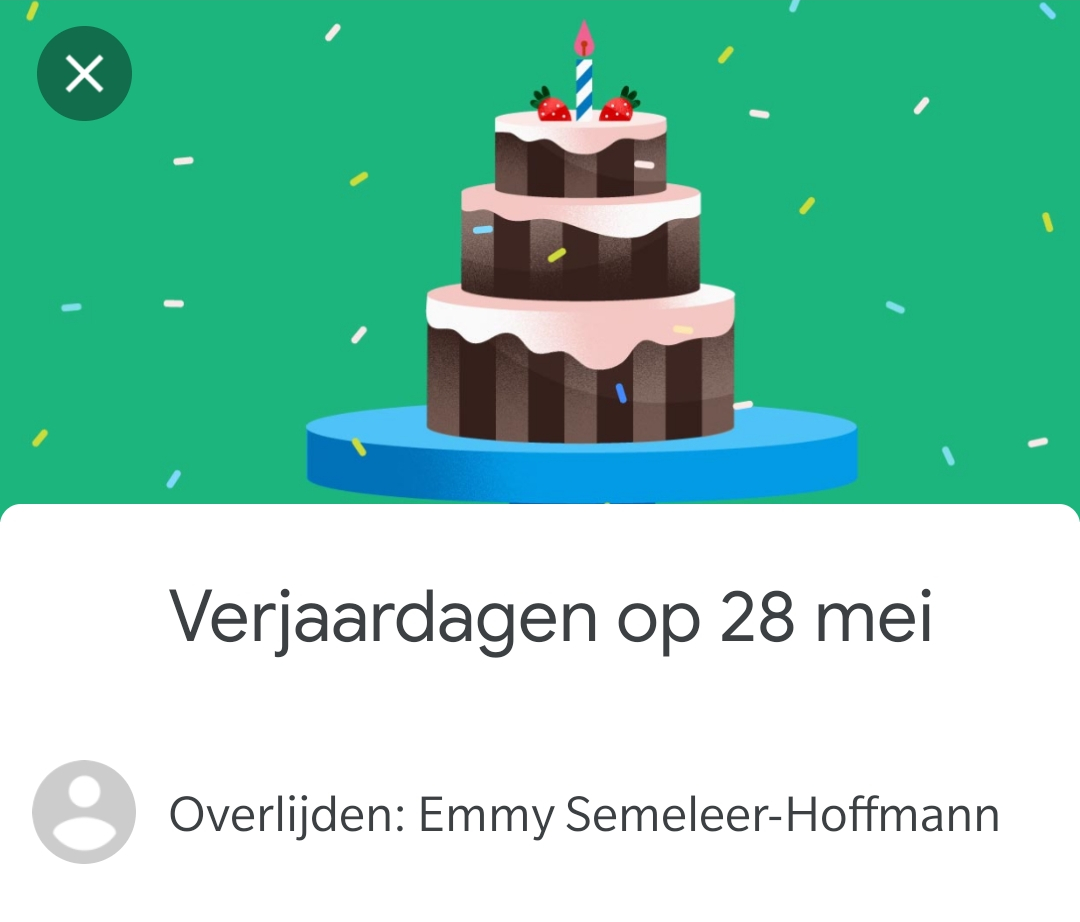 Screenshot Overlijdensdag Moeders in Android Calendar, compleet met een door Google toegevoegde afbeelding van een drielaagse taart en confetti.