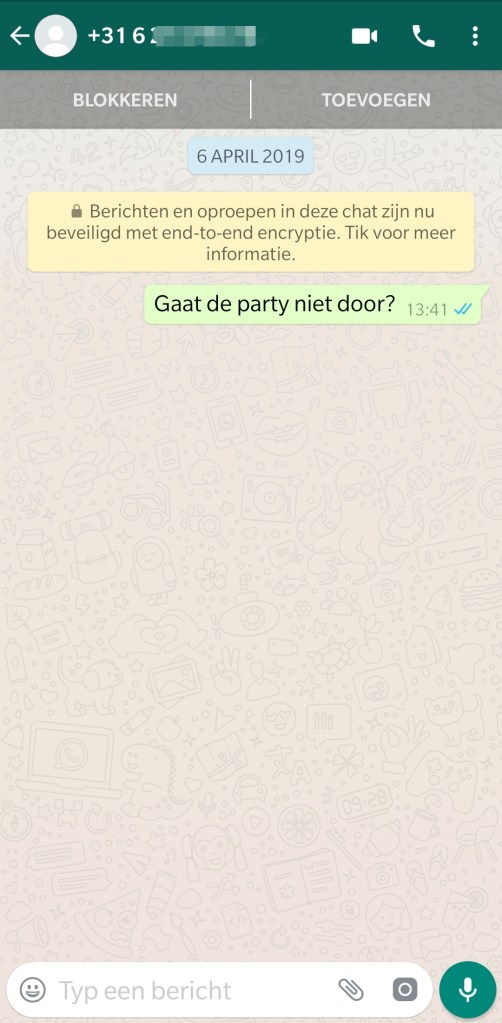 WhatApp gesprek met 06 nummer uit het groepsgesprek. Randy typt: Gaat de party niet door? Er komt geen reactie.