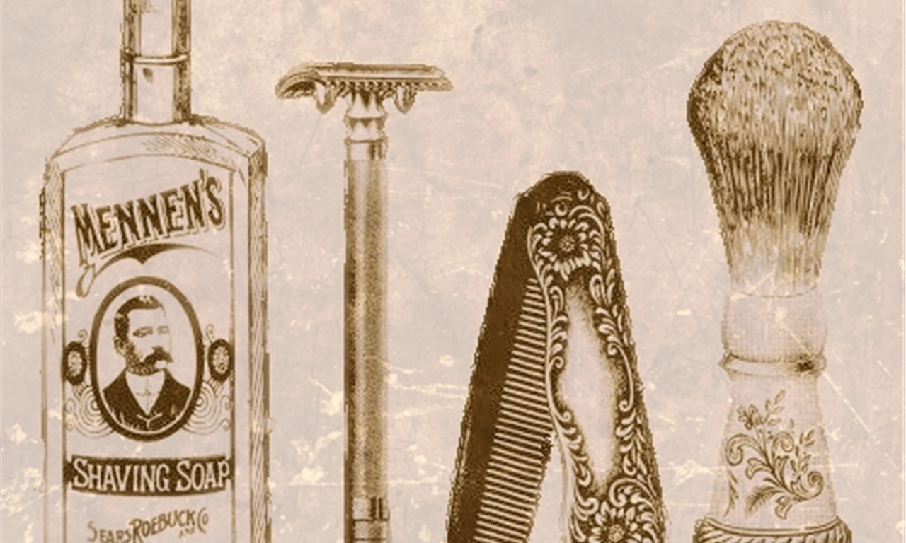 Retro scheerschet met ouderwets scheerzeep, een krabber scheermes, een snorkam die in een versierde handvat vouwt en een scheerborstel met versierd handvat.