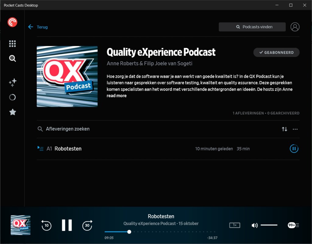 Screenshot van de eerste aflevering van de Quality eXperience Podcast in mijn favoriete player