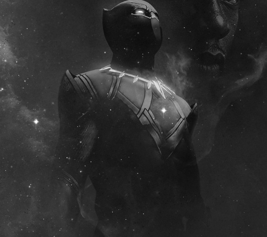 Kunstwerk met Black Panther in vol kostuum op de voorgrond en Chadwick Boseman vervaagd op de achtergrond. Tegen een zwarte sterrenhemel. In zwart/wit.