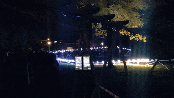 Ping op Glow 2019, een reeks computergestuurde lichtgevend buizen over een rails.