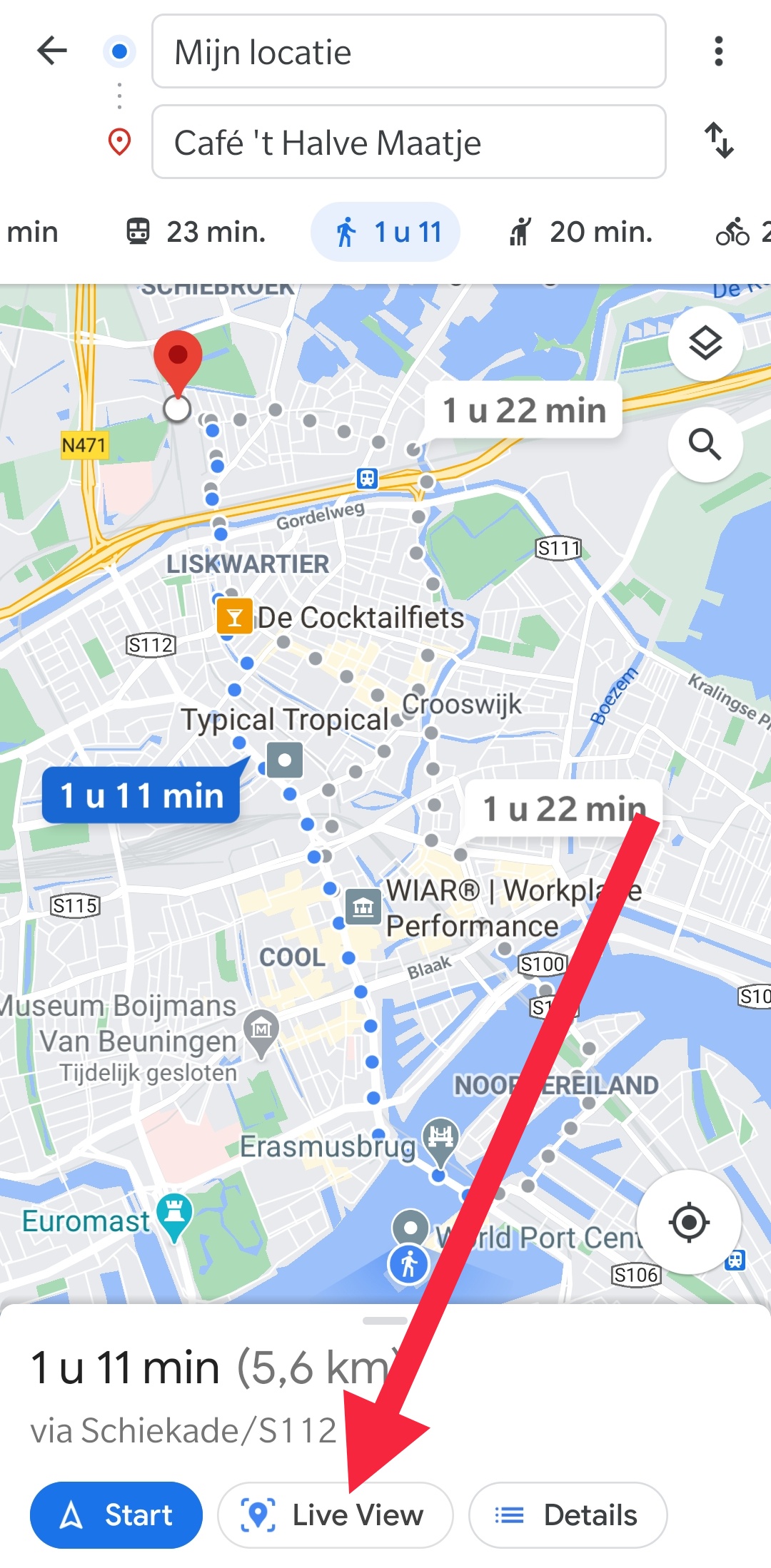 Screenshot met de Augmented Reality functie in de wandelroute in Google Maps heet Live View. Het is in Bèta en het kan zijn dat deze nog niet beschikbaar is voor jou.