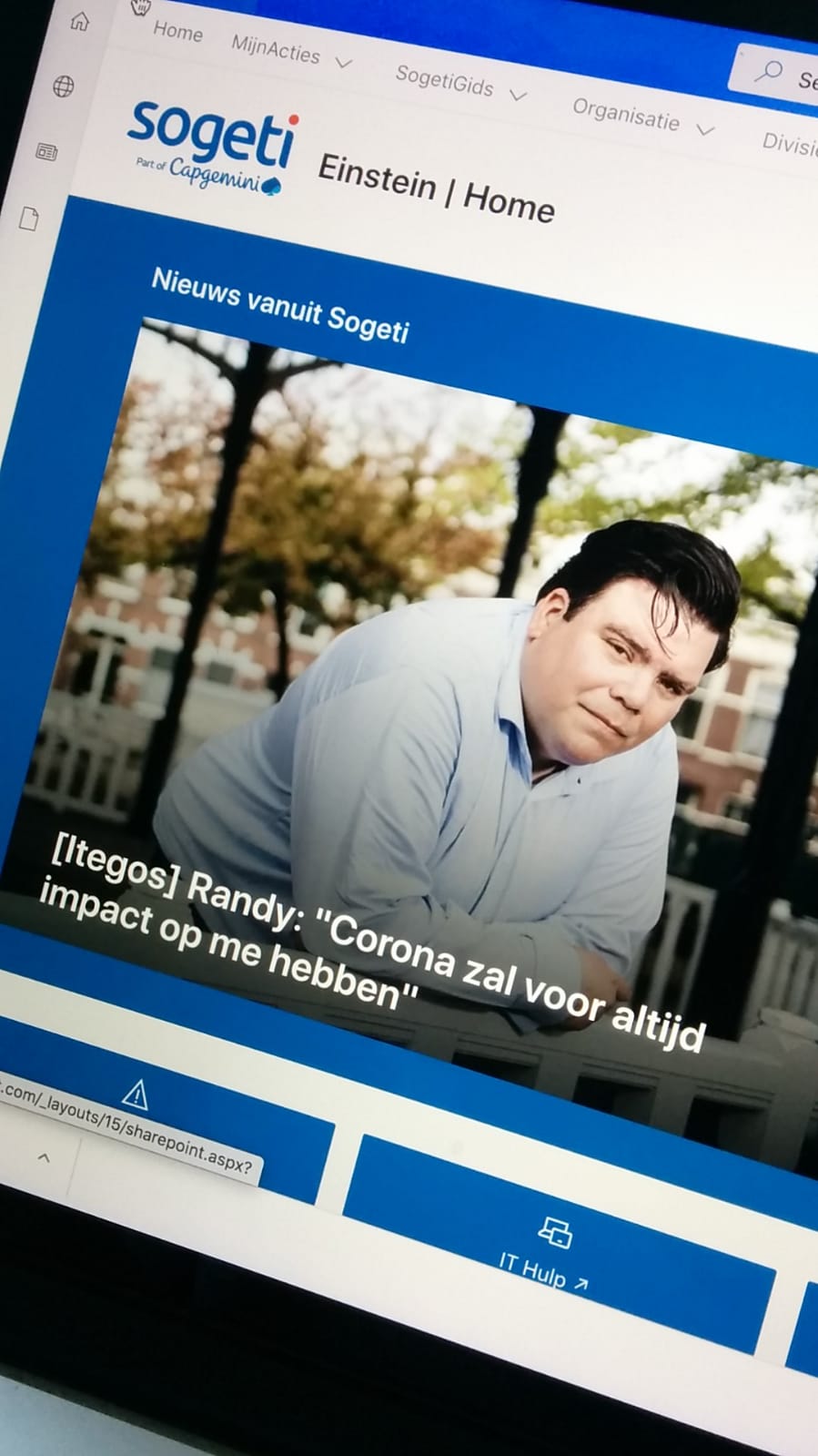Randy op de homepage van het Sogeti Intranet