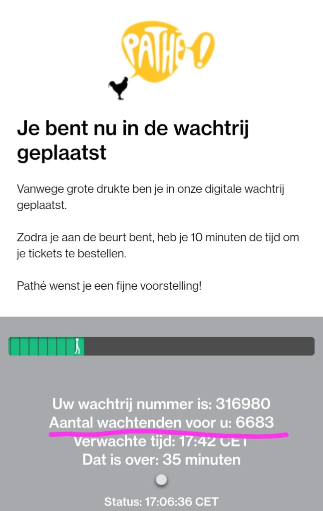 "Je bent nu in de wachtrij geplaatst. Vanwege grote drukte ben in in onze digitale wachtrij geplaatst. Zodra je aan de beurt bent, heb je 10 minuten de tijd om je tickets te bestellen. Uw wachtrij nummer is 31680. Aantal wachtende voor u: 6683. Verwachte tijd: 17:42 CET. Dat is over: 35 minuten.