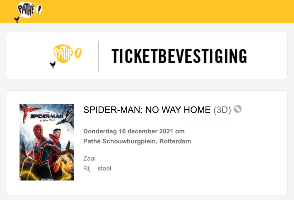 Ticketbevestiging: We hebben tickets voor Spider-Man: No Way Home!