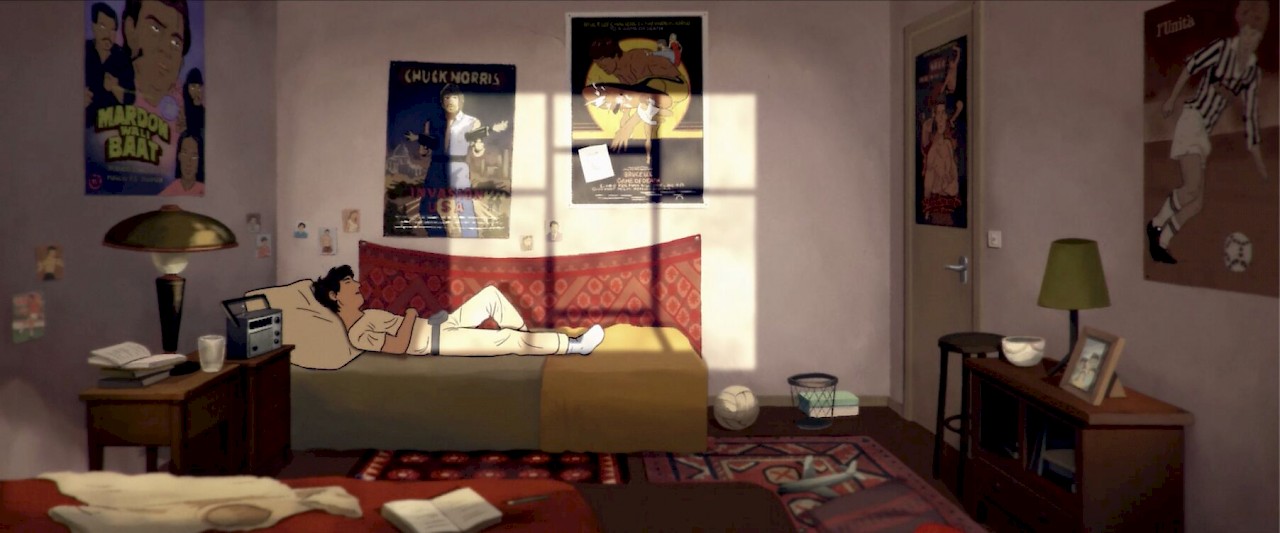 Teenage Amin from Fleel lying on a bed in a teenage bedroom. The walls have posters of a footballer and film stars such as Chuck Norris and Bruce Lee.