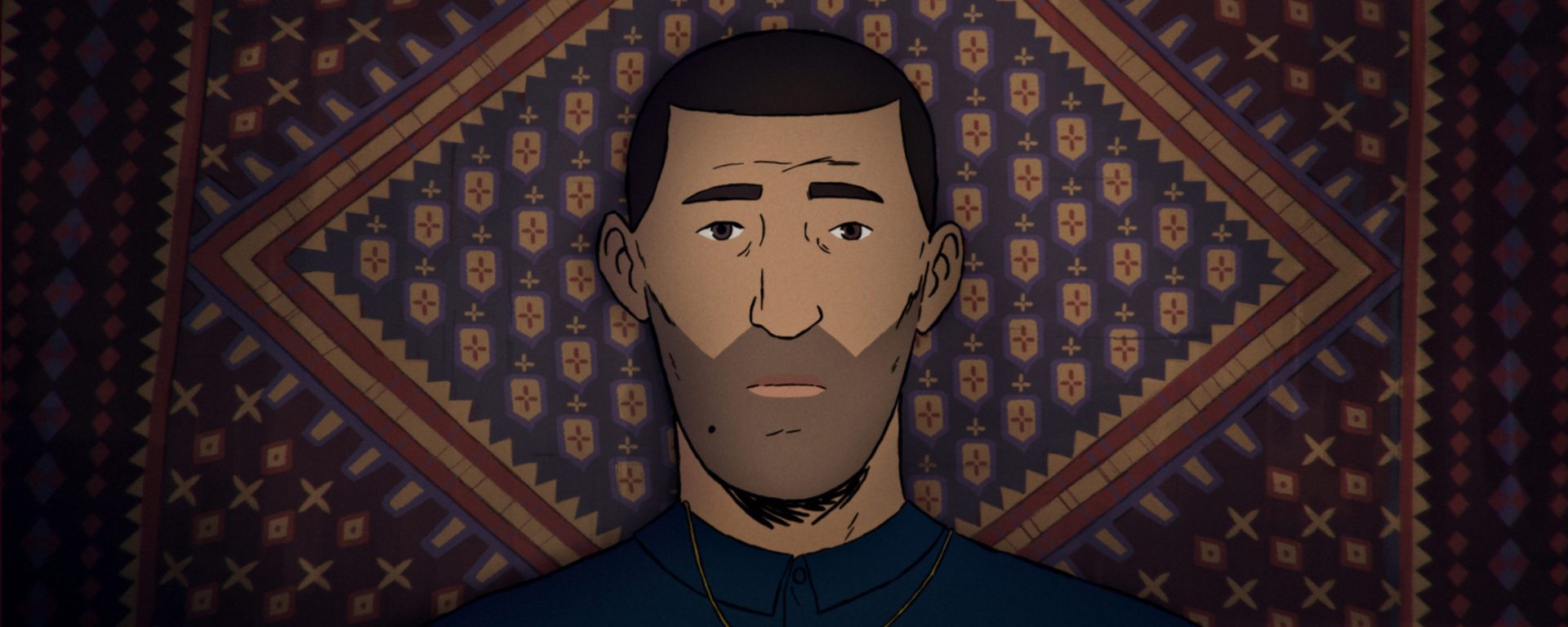 The subject of the film Flee, Amin, animated lying on a decorated fabric.