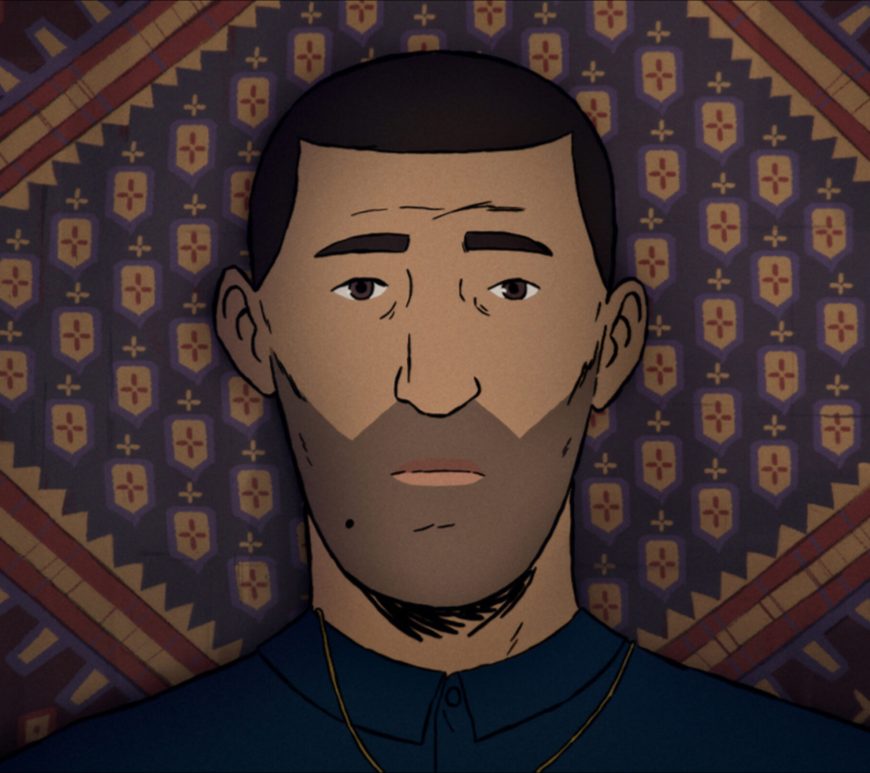 The subject of the film Flee, Amin, animated lying on a decorated fabric.