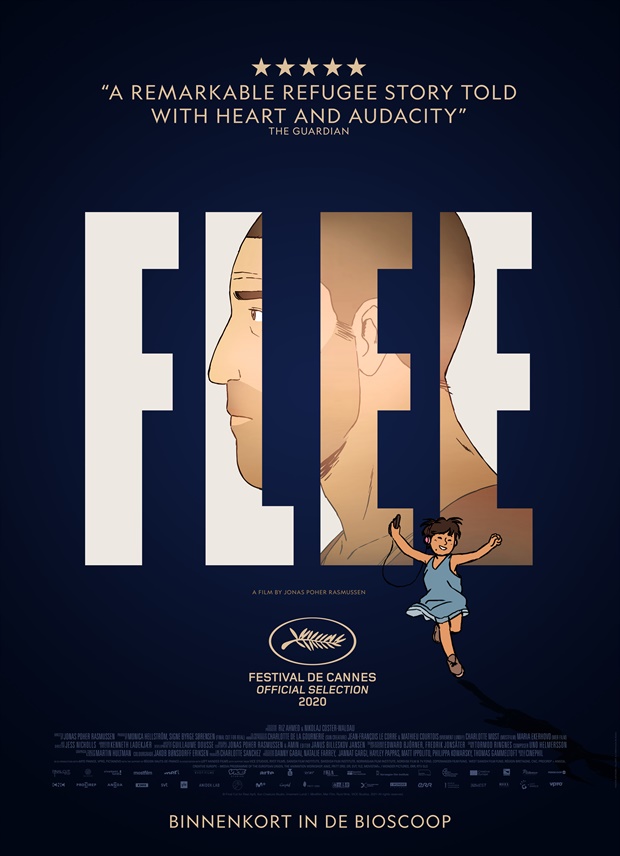 Flee film poster, through the title the animated face of Amin, the subject of the documentary can be seen. Before the title an animated girl in a blue dress is jumping, seemingly joyful. The poster contains 5 stars with a quote from The Guardian: "A Remarkable refugee story told with heart and audacity. The poster also states "Festival de Cannes office selection 2020 with the golden palm logo.