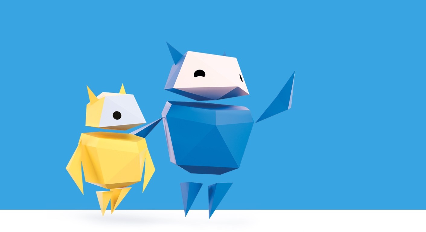 Family Hero, wat characters uit Interland, Google's game om goede digitale manieren aan te leren. Een blauw wit en geel wit polygoon figuurtjes