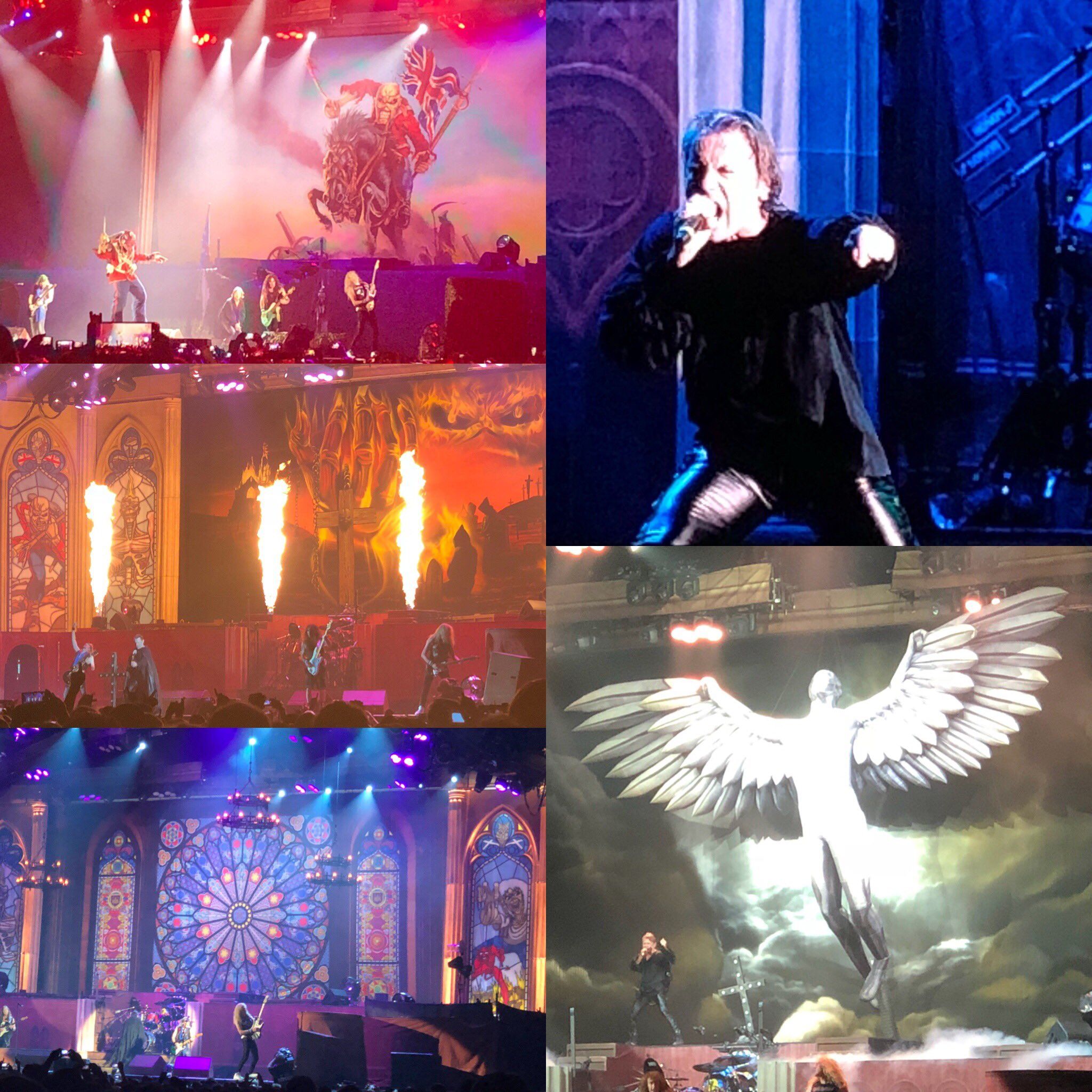 Iron Maiden - Legacy of the Beast 2022 - Gelredome - Collage - Close up of Bruce Dickinson, giant Eddy in English 19th century uniform, flamethrowers on stage and Dickinson standing under a huge angel like figure