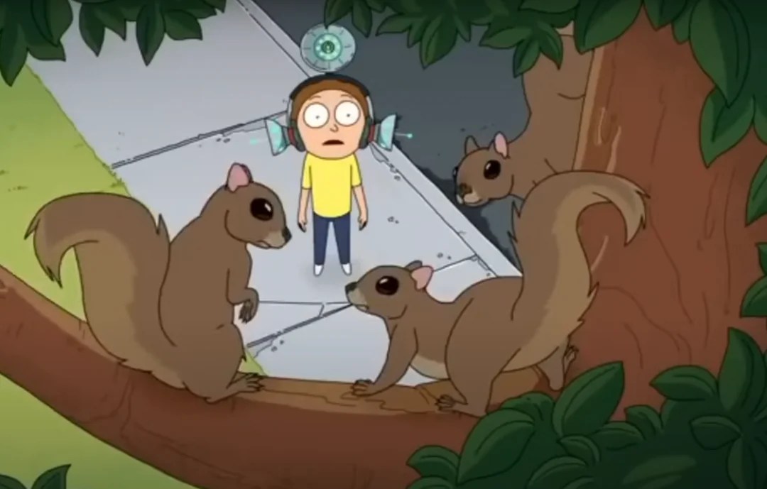 Morty uit de animatieserie Rick & Morty draagt een uitgebreide hoofdtelefoon met meerdere schotelantennes en luistert naar 3 eekhoorns op een boomtak. Hij heeft een verraste en geschokte blik op zijn gezicht.